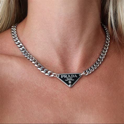 prada necklace triangle amazon|Prada silver tag necklace.